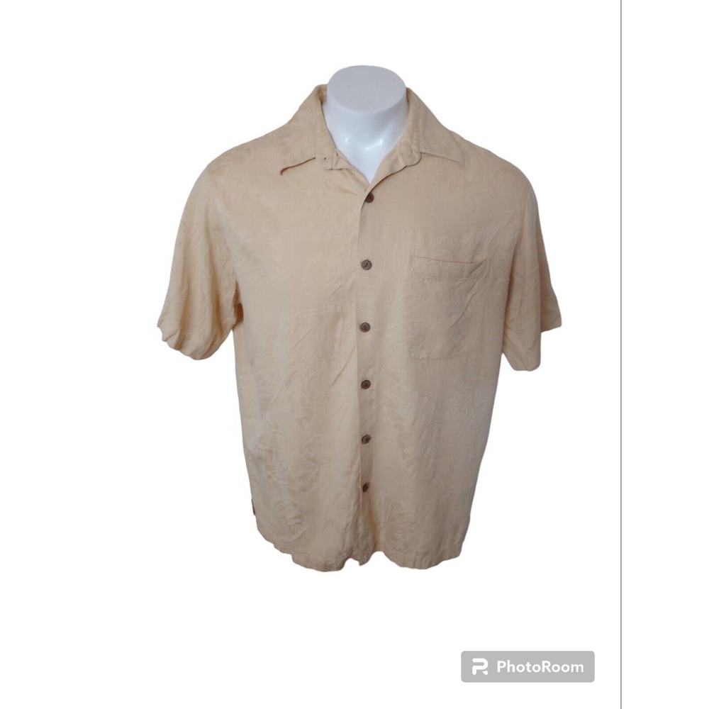 Caribbean‎ Button Short Shirt Men Sz Large Silk Cotton Yellow Tropical Embossed